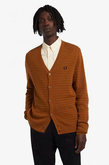 Camel Fred Perry Chevron Textured Cardigan Men's Knitwear | PH 1282ILHS